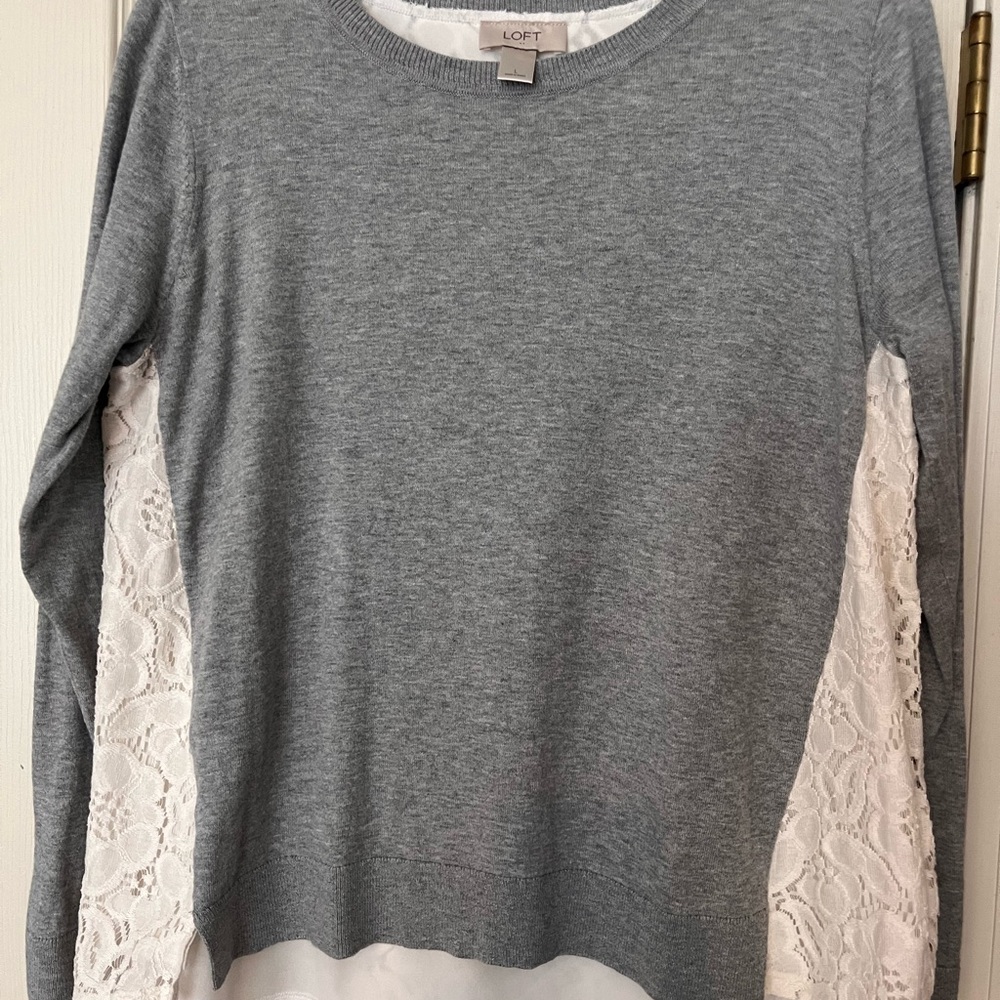 LOFT Gray Top with White Lace Sleeves
